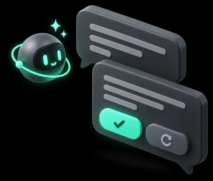 Isometric chat bubbles with approve and revise buttons and a small assistant orb