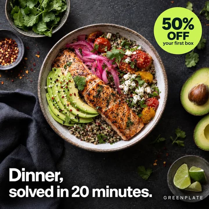Salmon grain bowl ad with a 50% off your first box badge