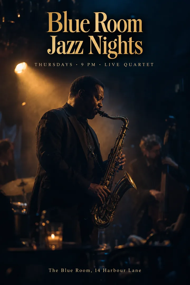 Saxophonist under an amber spotlight on a Blue Room Jazz Nights flyer