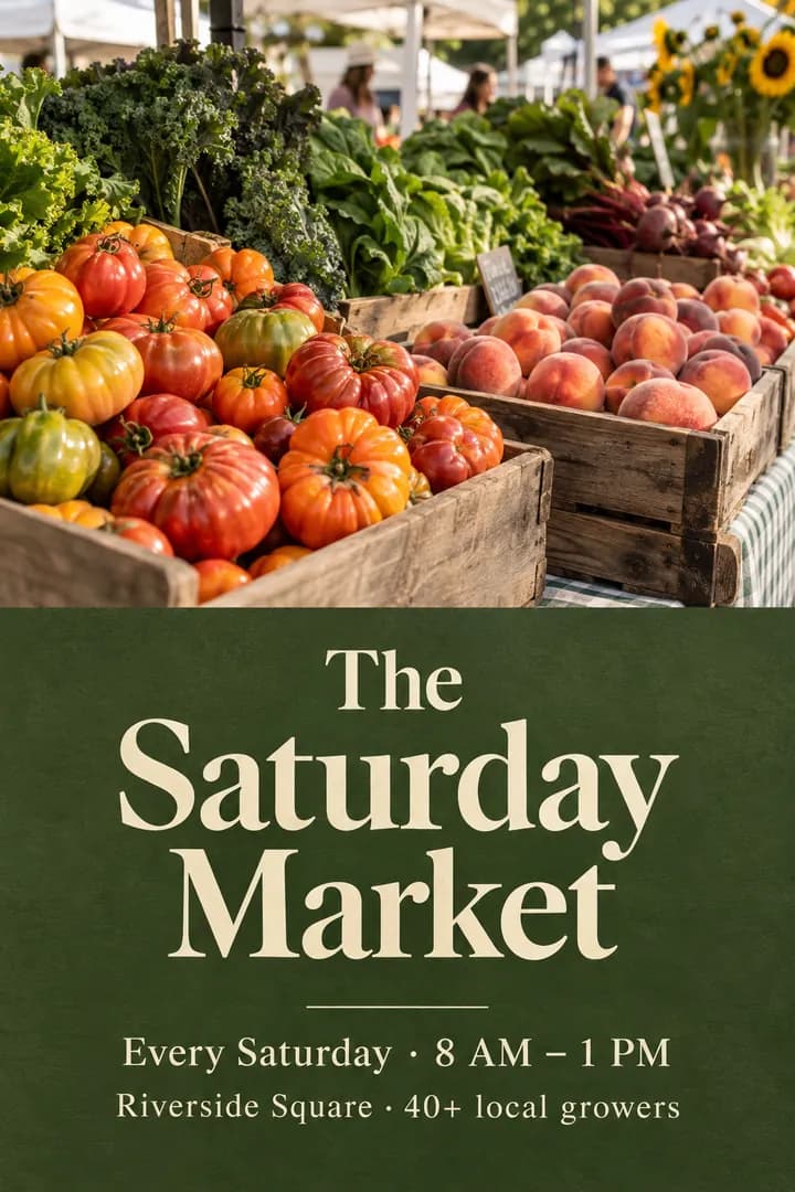 The Saturday Market flyer with crates of tomatoes and peaches