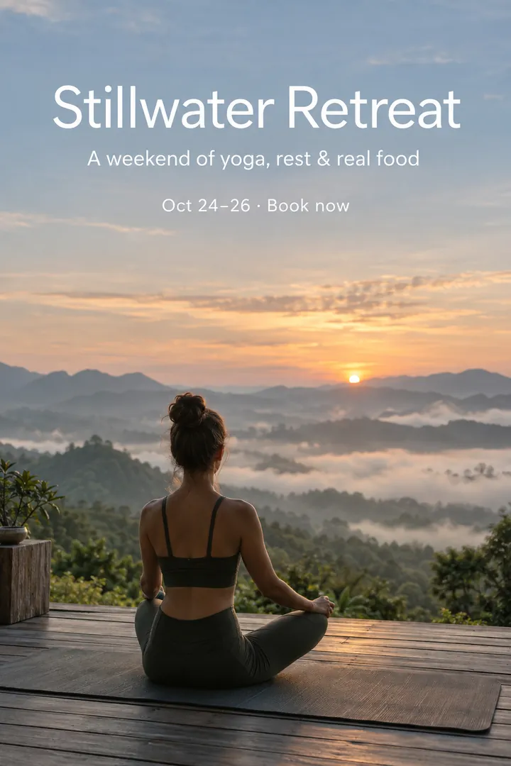 Stillwater Retreat flyer with a woman meditating above misty mountains