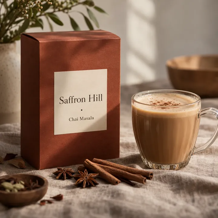 Chai masala tea box beside a glass of chai