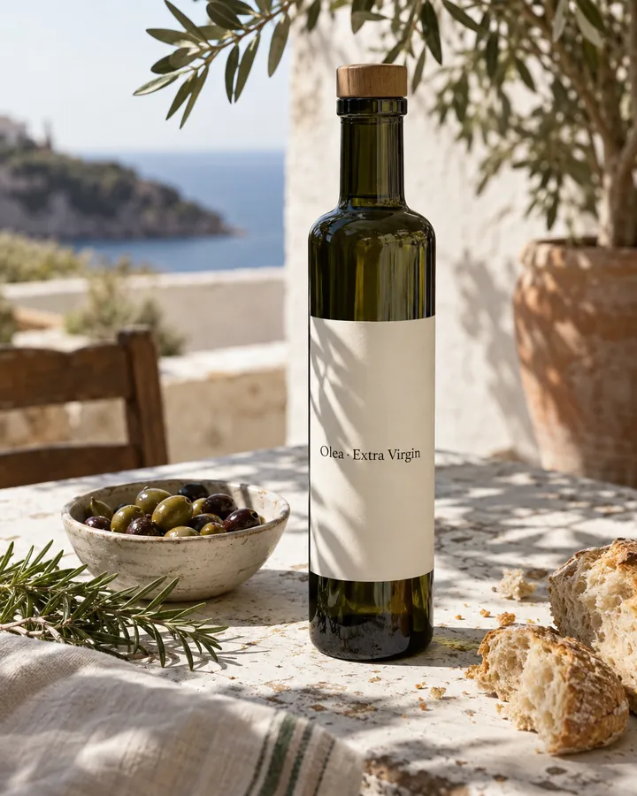 Olive oil bottle on a sunlit Mediterranean table