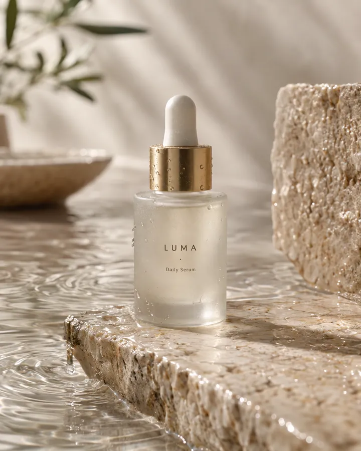 Frosted serum bottle on wet travertine