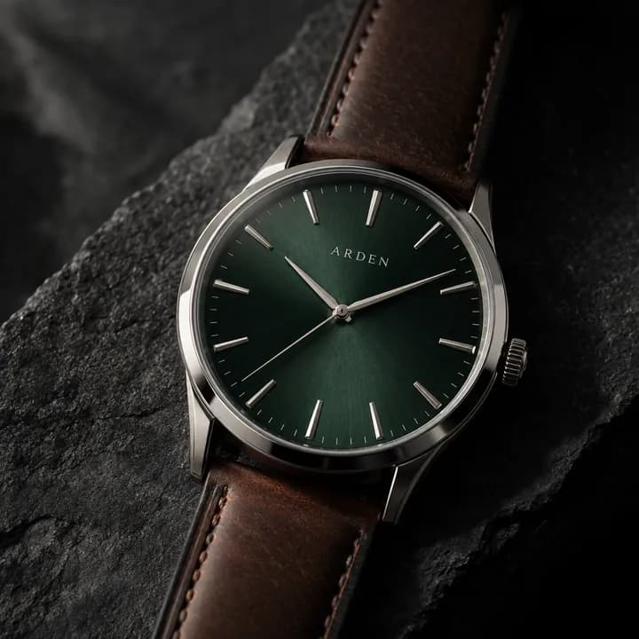 Steel watch with a green sunburst dial on dark slate