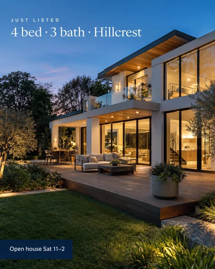 Just listed post for a modern house at blue hour