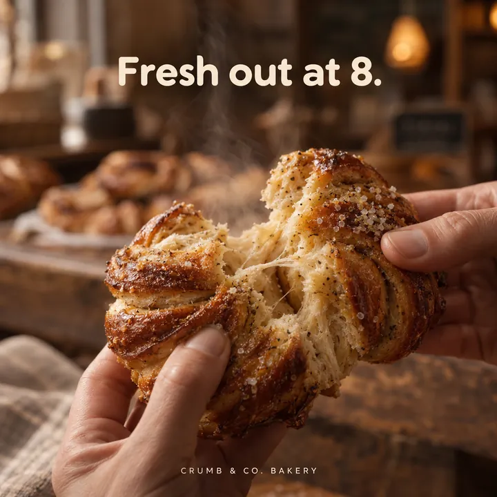 Hands pulling apart a cardamom bun, Fresh out at 8.