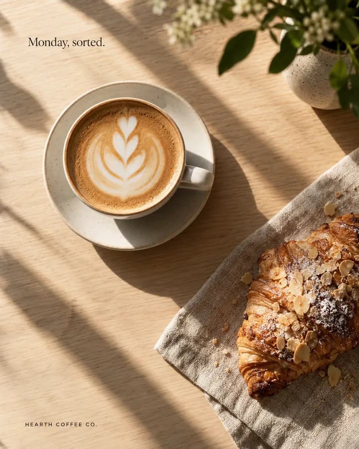 Flat white and almond croissant in morning light, Monday, sorted.