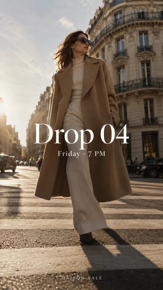 Model in a camel coat crossing a sunlit street, Drop 04