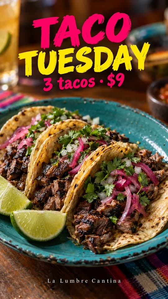 Taco Tuesday promo story with three loaded tacos