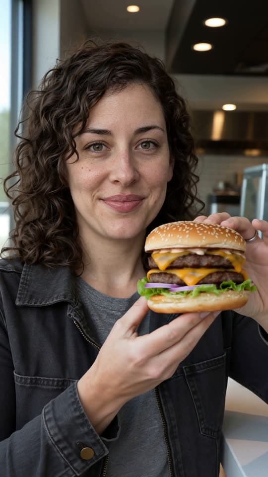 Creator holding a double cheeseburger up to the camera